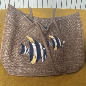 Vera Bradley Brown Tote Beach Bag with Fish Embroidery